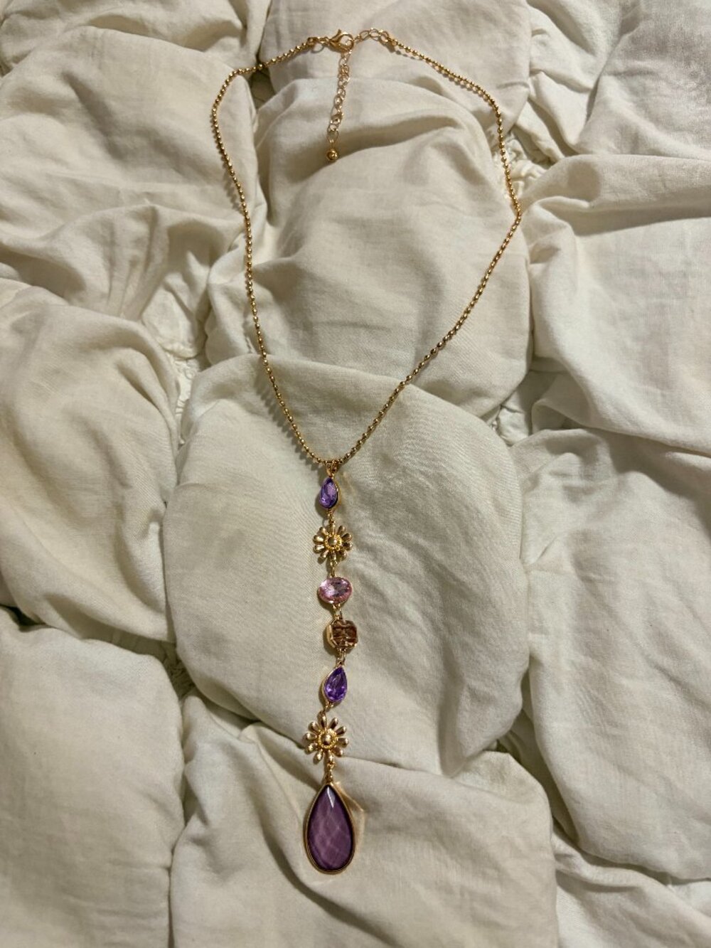Free People Purple Crystal and Floral Lariat Necklace